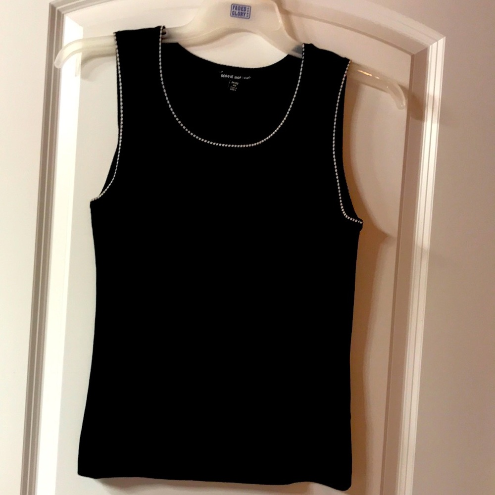 Black tank/ white detail, Debbie Morgan, PM, rayon/nylon knit.